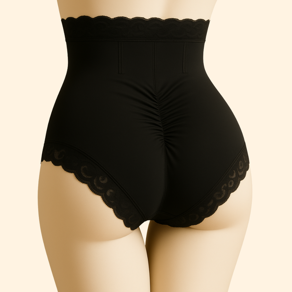 Black high-waisted shapewear with scalloped edges on a beige background;